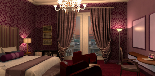 Arte Dell' Abitare - Progetto di Restyling  dell' Hotel  "La Griffe" - Stanza d' Albergo - Rendering : Maria Gabriella Milinci - Charlotte Brancuci