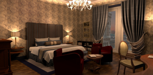 Arte Dell' Abitare - Progetto di Restyling  dell' Hotel  "La Griffe" - Stanza d' Albergo - Rendering : Maria Gabriella Milinci - Charlotte Brancuci